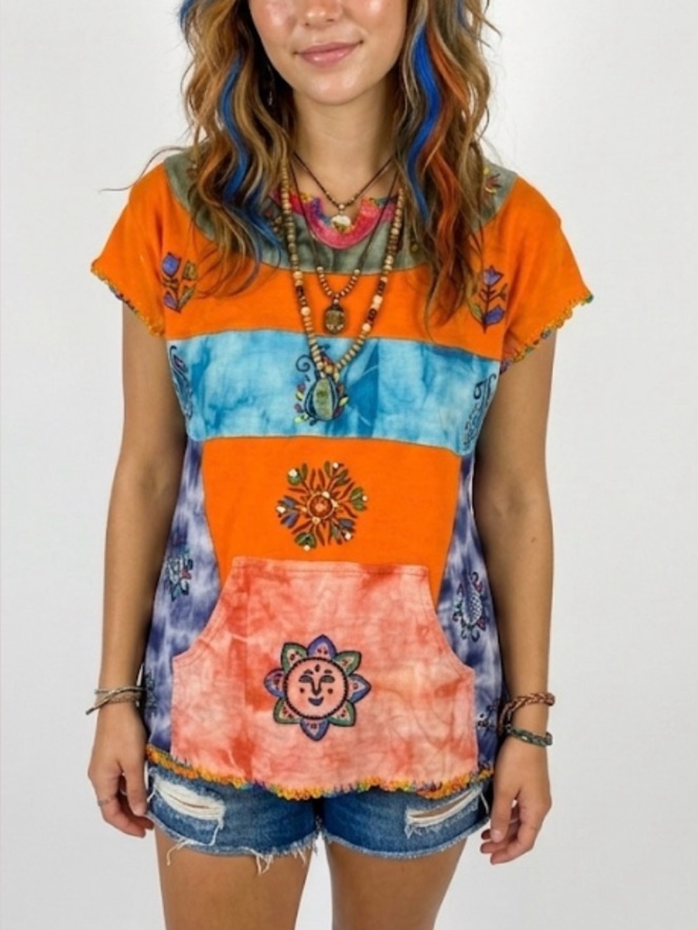 Baraka Orange Patchwork Batik Cap Sleeve Top Sun Stretch Fits XS 0 Boutique L XL